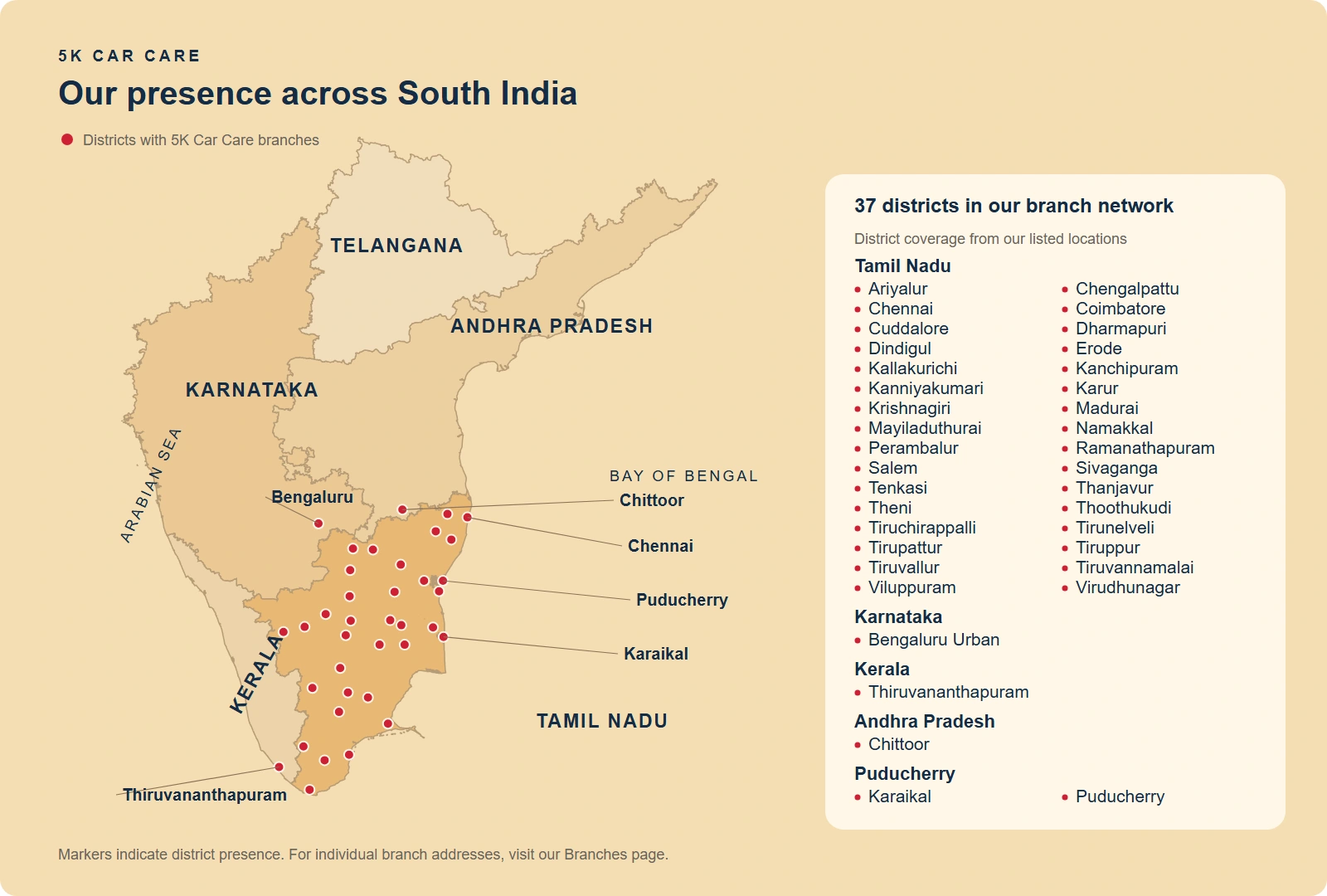 5K Car Care branch presence across South India, with markers for districts in Tamil Nadu, Karnataka, Kerala, Andhra Pradesh and Puducherry